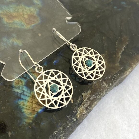 Sterling Silver Openwork Round Mandala Trinity Star Chrysocolla Dangle Earrings - Picture 4 of 16